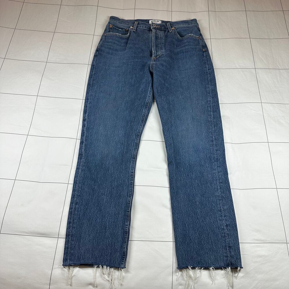 Agolde Jeans Womens 26 Blue Riley High Rise Straight Leg Crop Raw Hem Button Fly